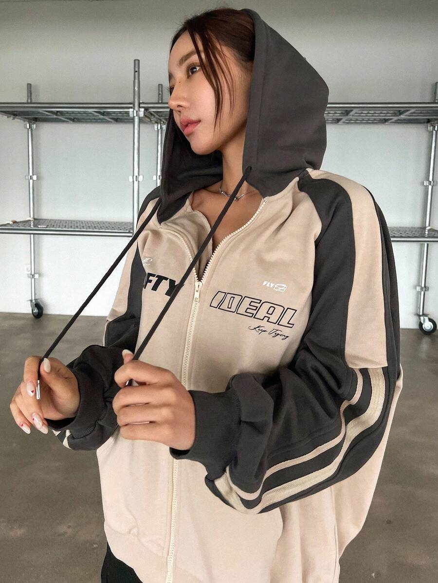 Dazy Star Felpa con cappuccio da donna con coulisse e zip, design a blocchi di colore e stampa di lettere, giacca felpa autunnale per donna