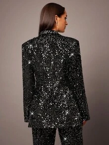 Silquee 女士亮片单排扣优雅时尚长袖西装外套 - 黑色 - 查看 3