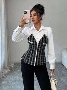 DAZY Women's Elegant Patchwork 2 In 1 Shirt, Autumn/Winter Long Sleeve Top - Black - View 5