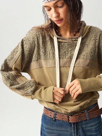 Bohemela Women's Casual Solid Color Knit Patchwork Hooded Long Sleeve Loose Pullover