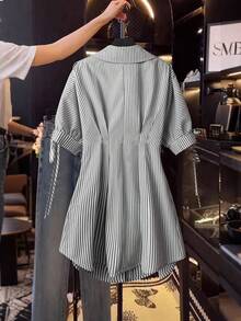 Chiquease 優雅短袖襯衫、條紋襯衫、收腰泡泡袖洋裝，適合女性襯衫洋裝、條紋襯衫洋裝、寬鬆襯衫洋裝 - 黑色 - 查看 2
