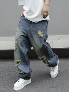 Manfinity EMRG Plain Medium Wash Wide Leg Denim Jeans For Men Long Ripped Design Casual Wear Drip Jeans - Medium Wash - View 4