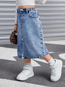 SHEIN Young Girl Casual Denim Skirt With Belt Loops, Fashionable & Versatile Fall Winter