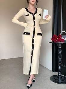 DAZY Women's Autumn Colorblock V-Neck Long Sleeve Single-Breasted Fitted Elegant Knit Dress Sweater Dress - White - View 5