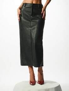 KIZN 女士皮革中长裙高腰铅笔裙冬季时尚个性单品 - 黑色 - 查看 1