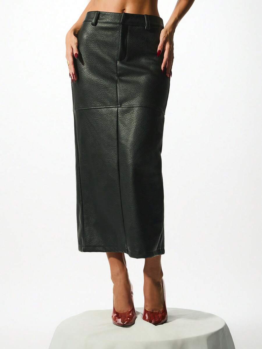KIZN 女士皮革中长裙高腰铅笔裙冬季时尚个性单品 - 黑色 - 查看 1