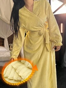 DAZY Women's Long Striped Textured Fleece Robe With Ruffle Hem, Autumn/Winter, Fall Winter Pajama, Cozy Outfit