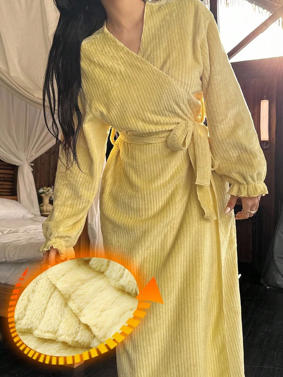 DAZY Women's Long Striped Textured Fleece Robe With Ruffle Hem, Autumn/Winter, Fall Winter Pajama, Cozy Outfit