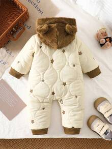 SHEIN Newborn Baby Boy Baby Girl Unisex Infant Winter Cute Heart & Star Embroidered Hooded Long Sleeve Jumpsuit With Plush Ear Hat, Suitable For Outdoor Play, Indoor Leisure, And Photo Shooting Baby Winter Coat Infant Winter Clothes Baby Bear Jacket Baby Bear Jumpsuit Jacket Unisex Baby Clothes Fall - Apricot - View 2