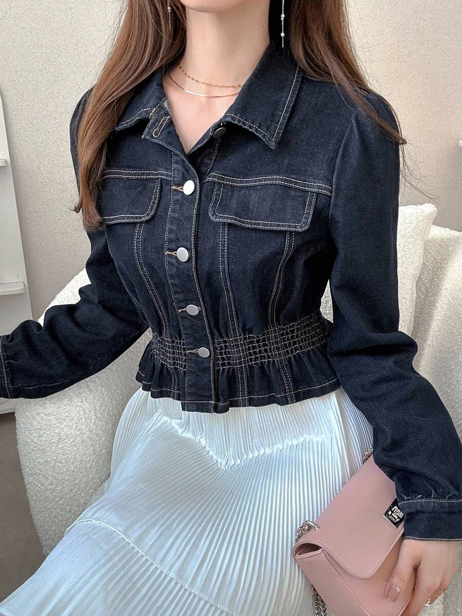 FRIFUL Women's Waist Cinched Hem Casual Slim Fit Denim Blouse Long Sleeve Women