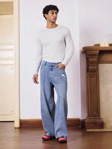 Manfinity VCAY 直筒休闲裤，宽松版型高端品牌，2025春秋新品 - 藍色 - 查看 5