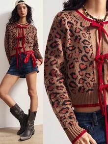 Bohemela Cardigan de malha com estampa de leopardo vintage solto para mulheres - Castanho - Ver 2