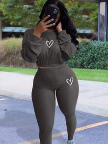 SHEIN 女式心形印花长袖短款上衣和紧身裤休闲两件套，秋季 - 灰色 - 查看 4