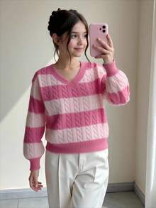 SHEIN Áo len chui đầu cổ chữ V tay đèn lồng họa tiết sọc khối màu cỡ lớn cho bé gái tuổi mới lớn, thích hợp cho các buổi đi chơi mùa thu/đông - Hồng - Xem 3