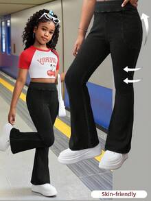 Tween Girl Fashion Casual Basic Comfort Yoga Fitness Blue Knitted Stretch Tight Flared Jeans Soft Dailywear And Summer And Spring Rave Festival And Beach - Black - View 8