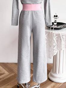 Sweetra Young Tween Girls' Casual Cute Contrast Color Patchwork Gray Sweatpants, Suitable For School, Female Students, Versatile, Personalized, Daily Wear Fall Winter