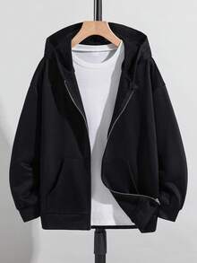 Chaqueta con capucha estilo universitario y parches en los bolsillos, informal y deportiva, adecuada para niños, vuelta al colegio, uso diario, colegio, viajes y deportes, color negro para otoño e invierno - Negro - Ver 6