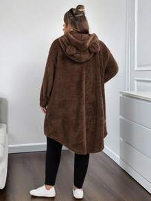 SHEIN CURVE+ Plus-Size Women's Solid Color Hooded Animal-Ear Mid-Length Sweater In Fall/Winter - Brown - View 3