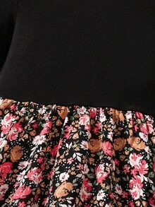 SHEIN Tween Girl Solid Color Knit Round Neck Patchwork Floral Fitted Casual Dress, Autumn/Winter Fall - Black - View 4