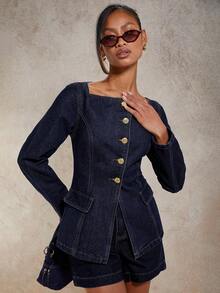 COSMINA Áo denim nữ cổ vuông tay dài, cài nút đơn thời trang, mùa thu - Rửa tối - Xem 4