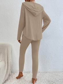 SHEIN Cottnline Cotton Ribbed Knit Drawstring Hooded Tee & Leggings - Mocha Brown - View 2