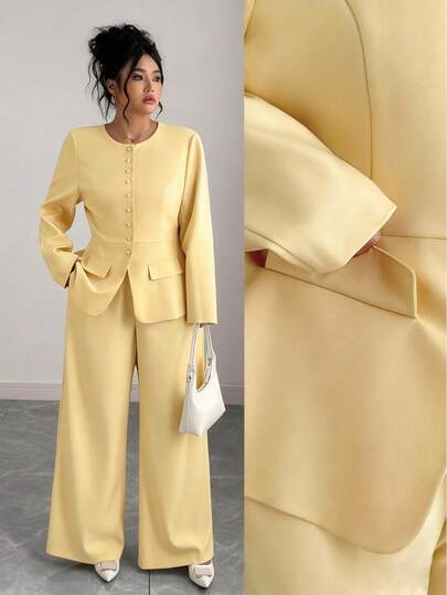 Elenzga 女士优雅正式办公室通勤休闲度假下午茶复古教师中东纯色圆领腰部 A 字形口袋装饰衬里前开纽扣西装外套 + 松紧腰宽松直筒裤套装，淡黄色秋季女士黄色两件套女士黄色西装黄色裤装两件套女士优雅两件套秋季