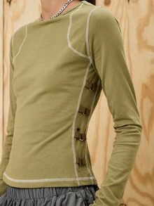 COUREZ Long Sleeve Top With Contrasting Seams And Buckle Details /Y2K Going Out Outfits Winter Clothes Fall Clothes For Women Winter Clothes For Women Going Out Tops