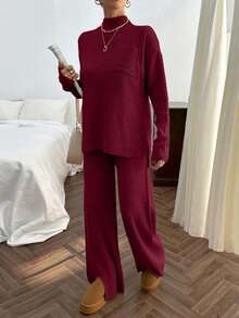 SHEIN Cottnline Rib Pattern Pocket Pullover Pant Knit Set Lounge Burgundy Autumn Minimalist Casual - Burgundy - View 5