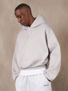 SUMWON Heavy Weight Half Placket Hoodie With Drawstring Crop Fit Plain - Grey - View 1