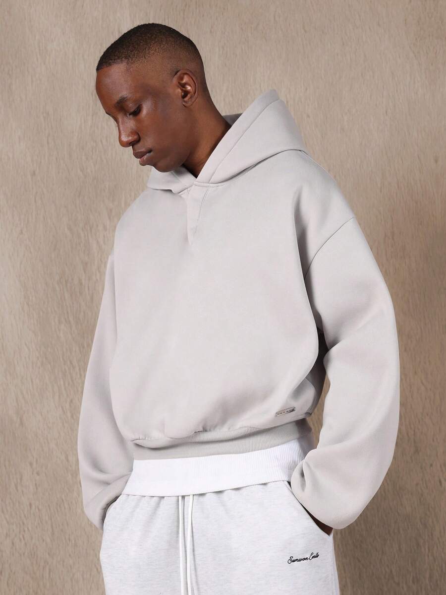 SUMWON Heavy Weight Half Placket Hoodie With Drawstring Crop Fit Plain - Grey - View 1