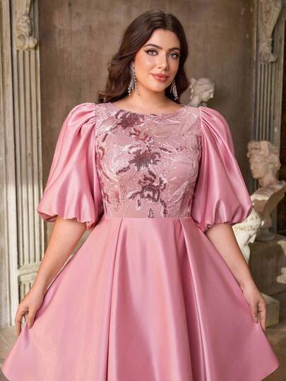 Aureia 加大码优雅浪漫粉色圆领泡泡袖奢华亮片装饰 A 字型婚纱，适合派对、庆典、毕业典礼、正式舞会礼服