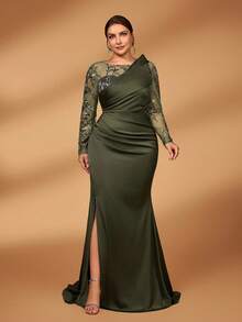 Serin Plus Size Autumn And Winter Elegant Gorgeous Luxury Green Sequin Embroidery Stitching Satin Long Sleeves Asymmetrical Pleated Shape Chest Design Slim Pleated Fishtail Hem Dress Suitable For Dinner Bachelorette Party Date Dance Holiday Wedding Event Mother Of The Bride Dress Evening Dress, Valentine's Day - Green - View 6