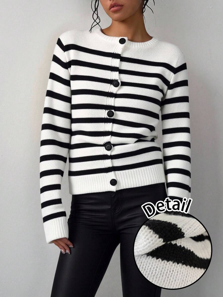 SHEIN EZwear Áo khoác cardigan sọc tối giản thường ngày dành cho sinh viên, phong cách hàng hải, mùa tựu trường, phù hợp cho phụ nữ vào mùa thu/đông, cổ điển, gợi cảm, dễ thương, Y2K, cô gái dừa, boho, hippie, lễ hội âm nhạc - Nhiều màu - Xem 1
