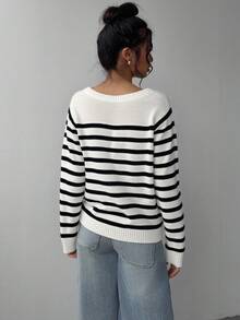 SHEIN EZwear Áo khoác cardigan sọc tối giản thường ngày dành cho sinh viên, phong cách hàng hải, mùa tựu trường, phù hợp cho phụ nữ vào mùa thu/đông, cổ điển, gợi cảm, dễ thương, Y2K, cô gái dừa, boho, hippie, lễ hội âm nhạc - Nhiều màu - Xem 2