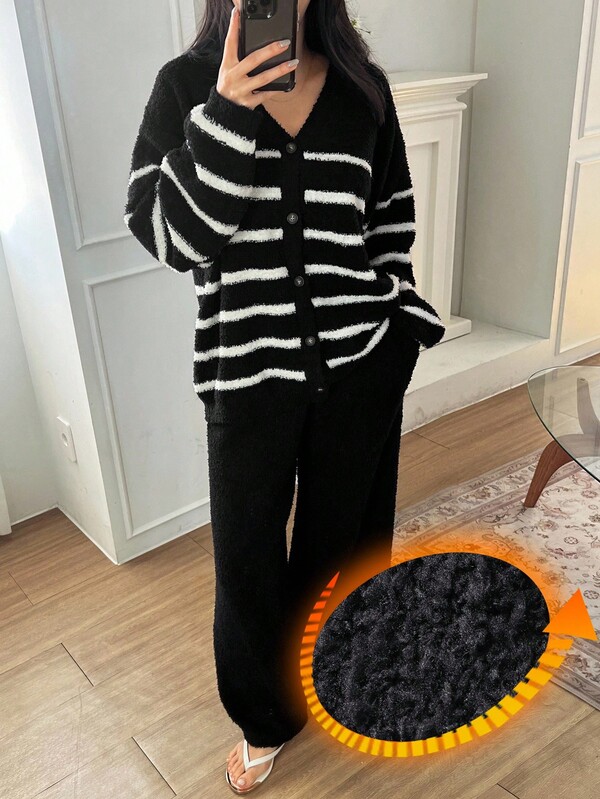 DAZY 2pcs Women Loose Striped Knit Long Sleeve Top And Pants Lounge Set, Casual Loungewear For Autumn/Winter, Fall Clothes Pajama, Cozy Outfit Fleece Lined