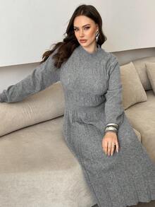 Modelyn 秋冬大码纯色针织休闲连衣裙 - 淺灰色 - 查看 7