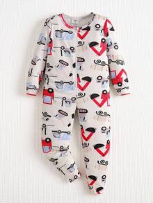 小男孩简约红色卡车印花长袖连体衣睡衣 - 彩色 - 查看 1