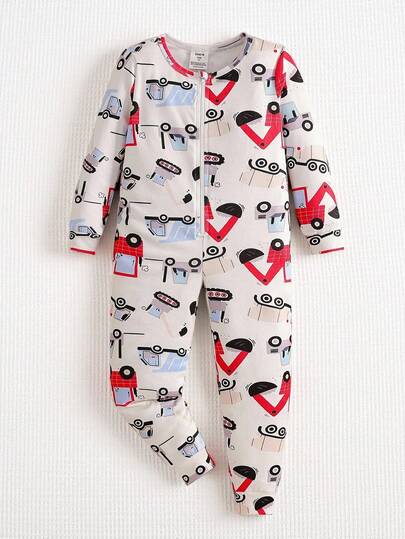 小男孩简约红色卡车印花长袖连体衣睡衣