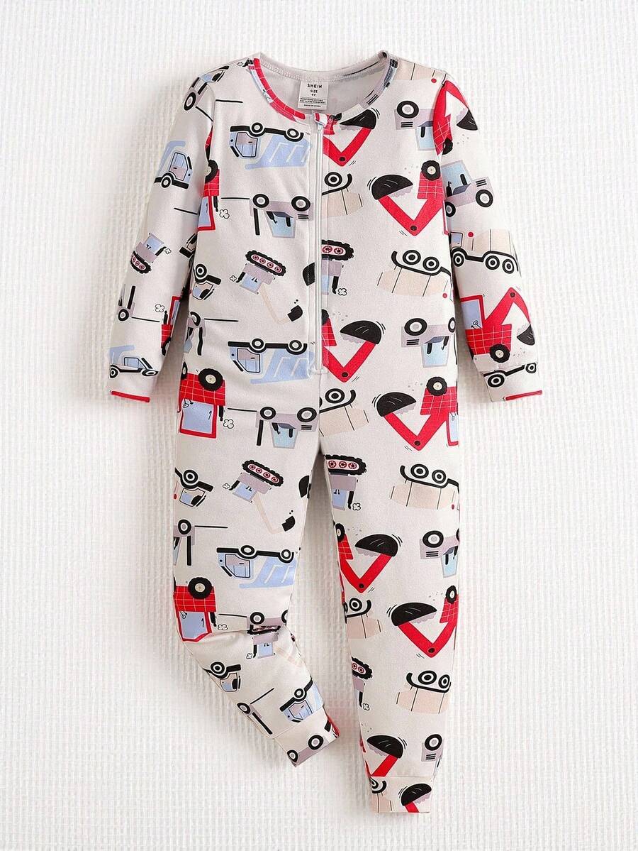 小男孩简约红色卡车印花长袖连体衣睡衣 - 彩色 - 查看 1
