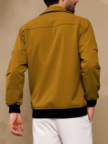 Manfinity Homme Nueva chaqueta de manga larga con forro polar bordado, chaqueta de invierno de moda casual y de carreras - Caqui - Ver 2