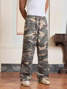 SWAVVY Men's Camouflage Pattern Drawstring Waist Pockets Casual Pants - Army Green - View 1