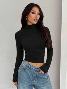 SHEIN PETITE Áo thun nhung ấm áp cổ đứng dành cho nữ - màu đen - Xem 8