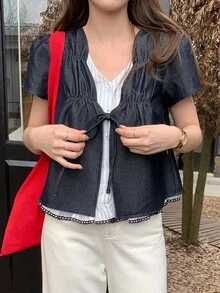 DAZY 女士夏季休闲条纹拼接宽松短袖牛仔衬衫 - 深色水洗藍 - 查看 4