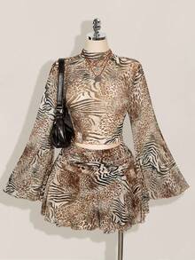 SHEIN ICON Áo cánh tay loe họa tiết da báo cỡ lớn dành cho nữ trong lễ hội âm nhạc, váy ngắn chữ A xẻ tà họa tiết da báo, thích hợp cho tiệc tùng, hẹn hò, dạo phố, kỳ nghỉ thành phố, lễ hội âm nhạc, bãi biển vào mùa hè - màu nâu - Xem 1