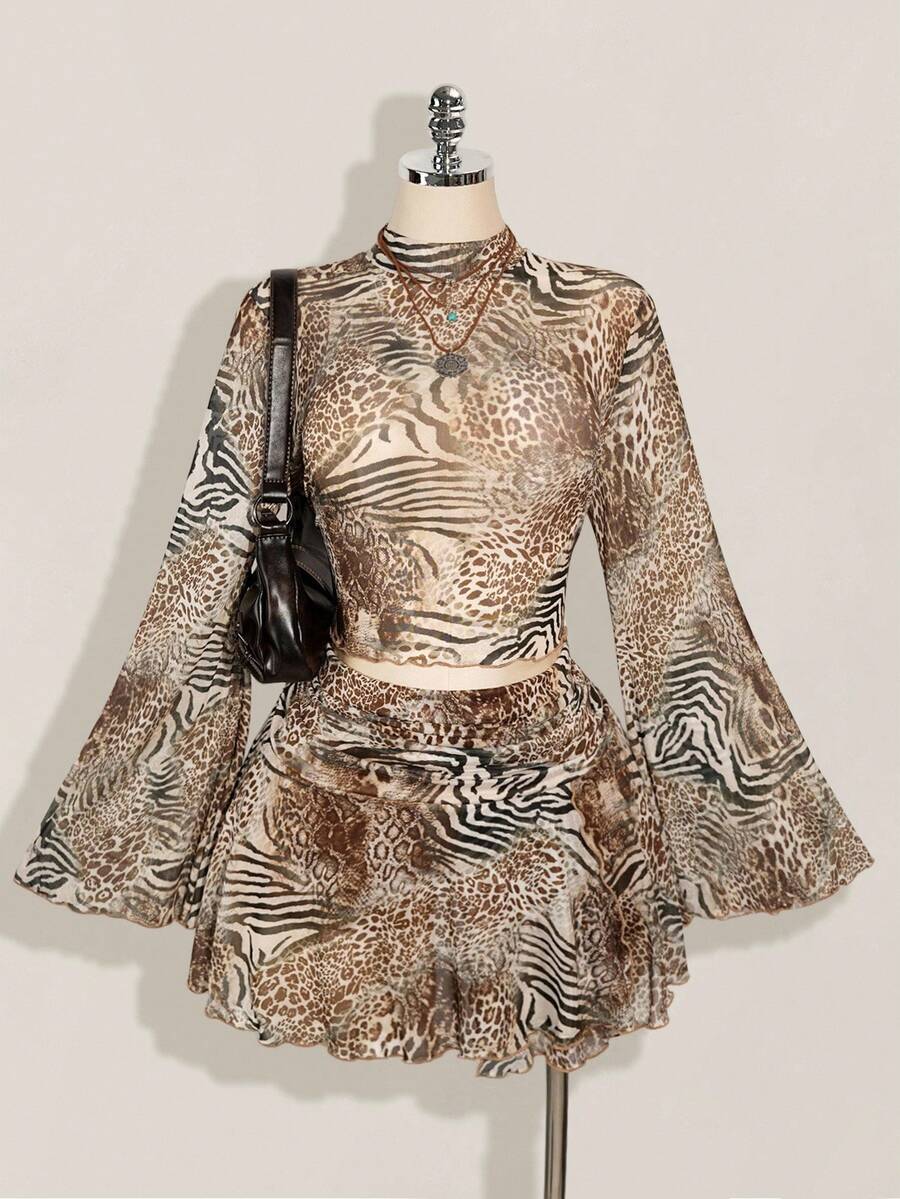 SHEIN ICON Áo cánh tay loe họa tiết da báo cỡ lớn dành cho nữ trong lễ hội âm nhạc, váy ngắn chữ A xẻ tà họa tiết da báo, thích hợp cho tiệc tùng, hẹn hò, dạo phố, kỳ nghỉ thành phố, lễ hội âm nhạc, bãi biển vào mùa hè - màu nâu - Xem 1