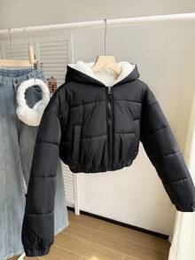 SHEIN 少女休闲短款连帽棉衣，保暖内衬，宽松版型，舒适，适合秋冬季、日常穿着、户外、派对、拍照 - 黑色 - 查看 4