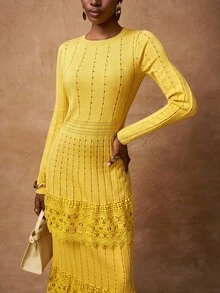 Zivah 2025 秋季新款音乐节、复活节、圣帕特里克节、西部风、游牧风、生日派对、毕业季、学院风、学生装、日常休闲、百搭百搭、休闲、度假、邮轮旅行、海滩、日光浴、网络热播、街头潮流、婚礼宾客波西米亚风、通勤、早午餐、机场、派对和节日优雅长袖蕾丝拼布针织长裙，后开衩，芥末黄 - 黃色 - 查看 6