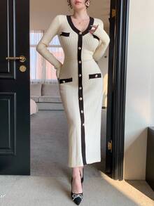 DAZY Women's Autumn Colorblock V-Neck Long Sleeve Single-Breasted Fitted Elegant Knit Dress Sweater Dress - White - View 1
