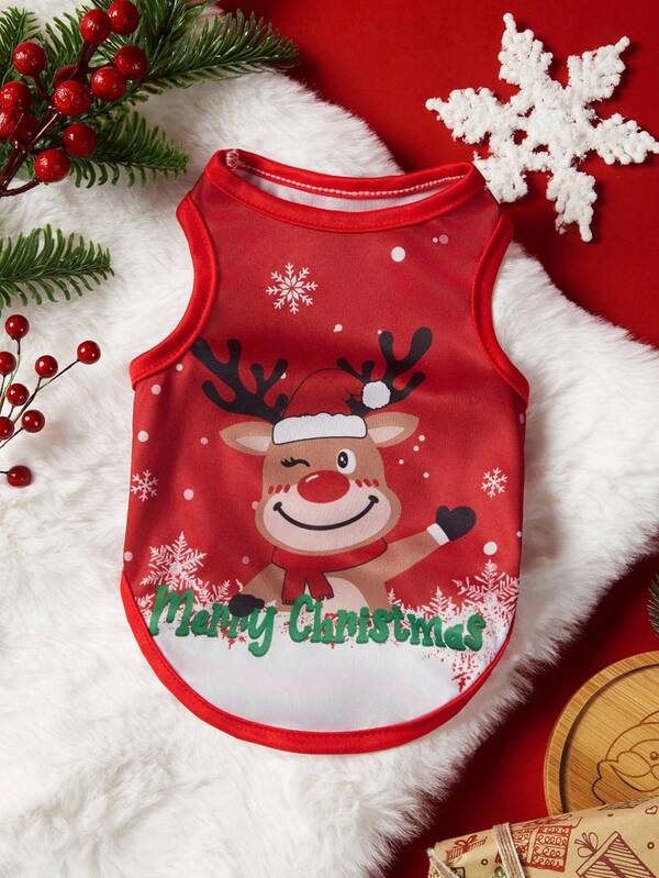 PETSIN 1pc Christmas Snowflake Elk Red Bottom Pet Tank Top Color Blocked Christmas Skin Friendly Breathable Sleeveless Pet Tank Top