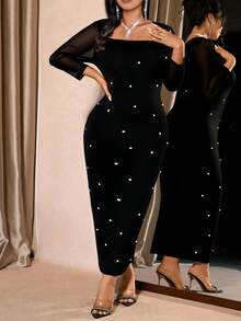 Cravure Đầm cổ vuông trang trí ngọc trai giả thanh lịch cỡ lớn, mùa thu - màu đen - Xem 3